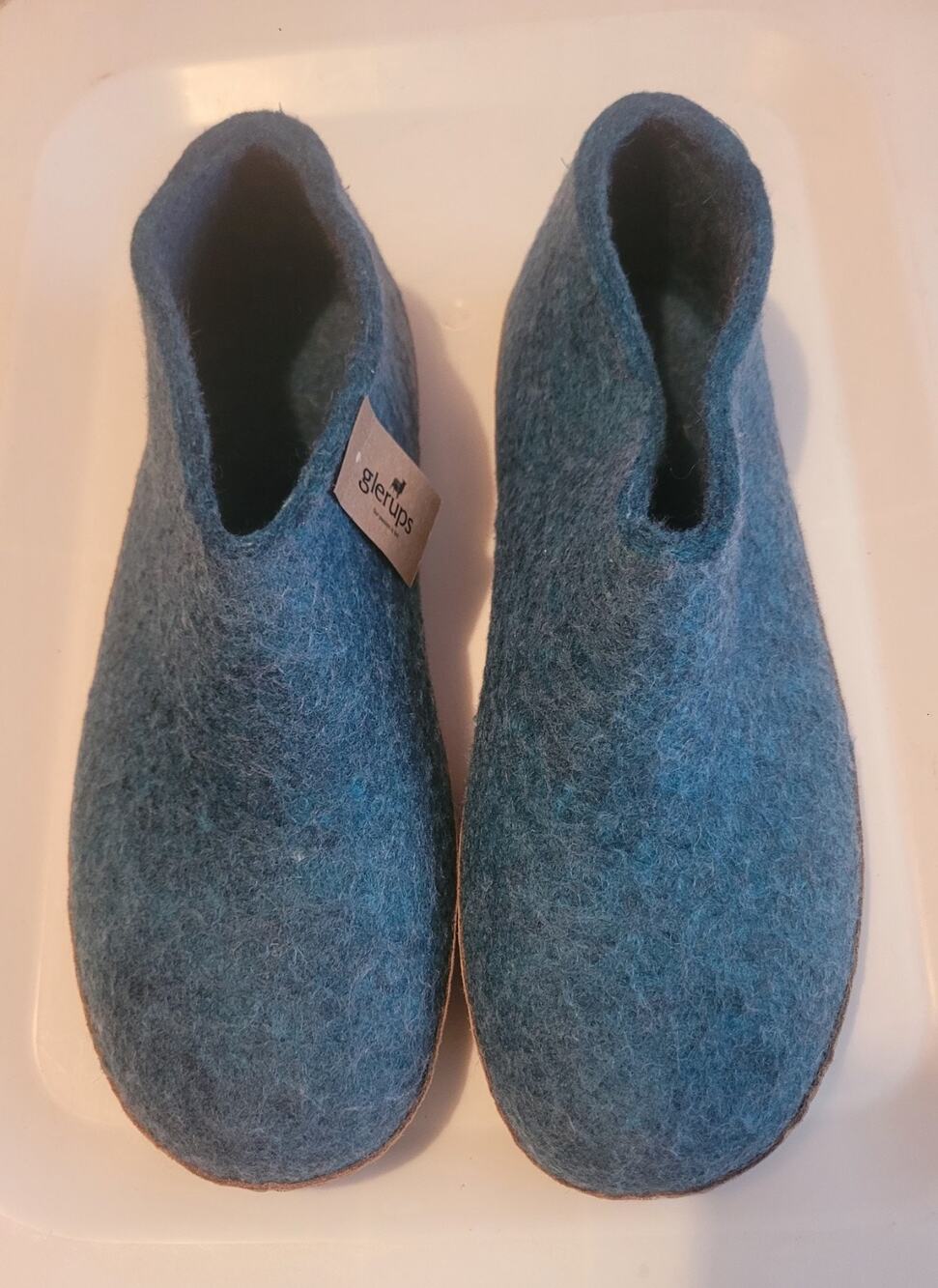 Glerups Shoe Wool Slippers Mens 47(13 US) 100% Wool, Leather Sole- Blue| Cozy